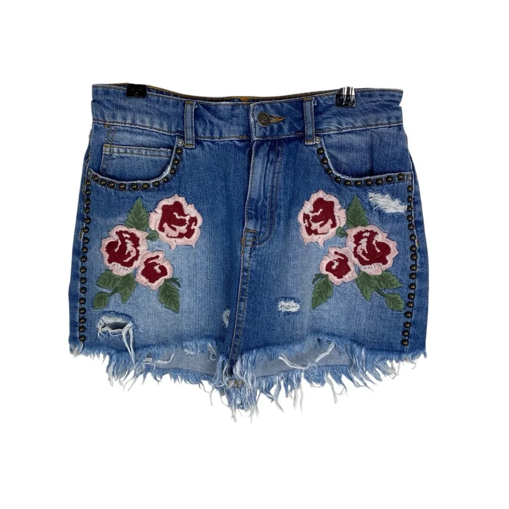 Free People Embroidered Jean Skirt Mini Blue Denim Size 25 - Picture 10 of 11